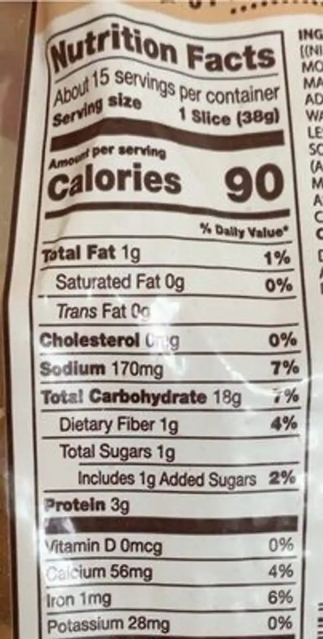 Artisanal Style Bread nutrition facts table