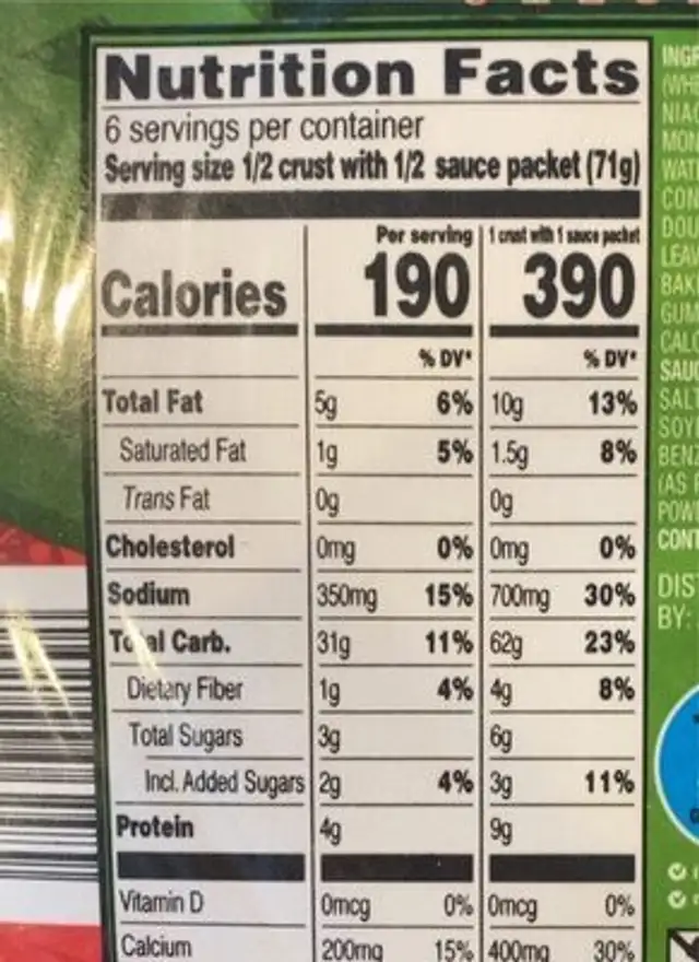 Mini Pizza Crusts nutrition facts table