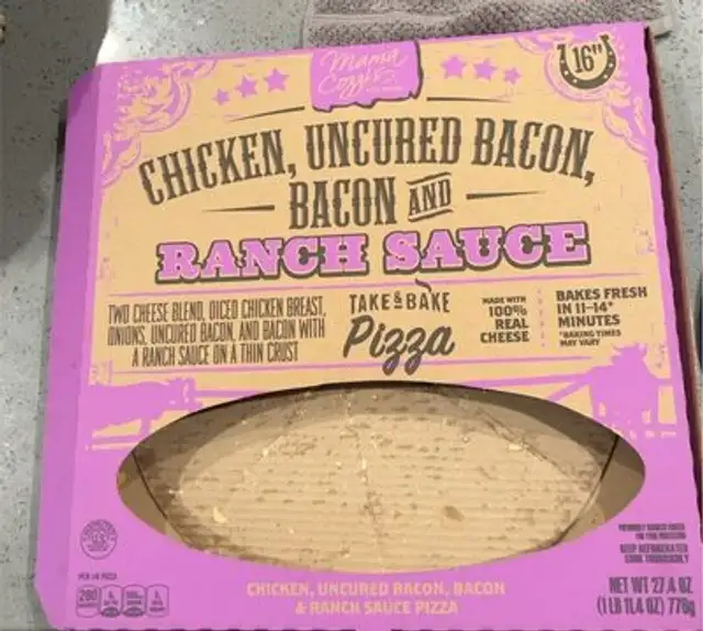Chicken, uncured bacon, bacon and ranch sauce pizza