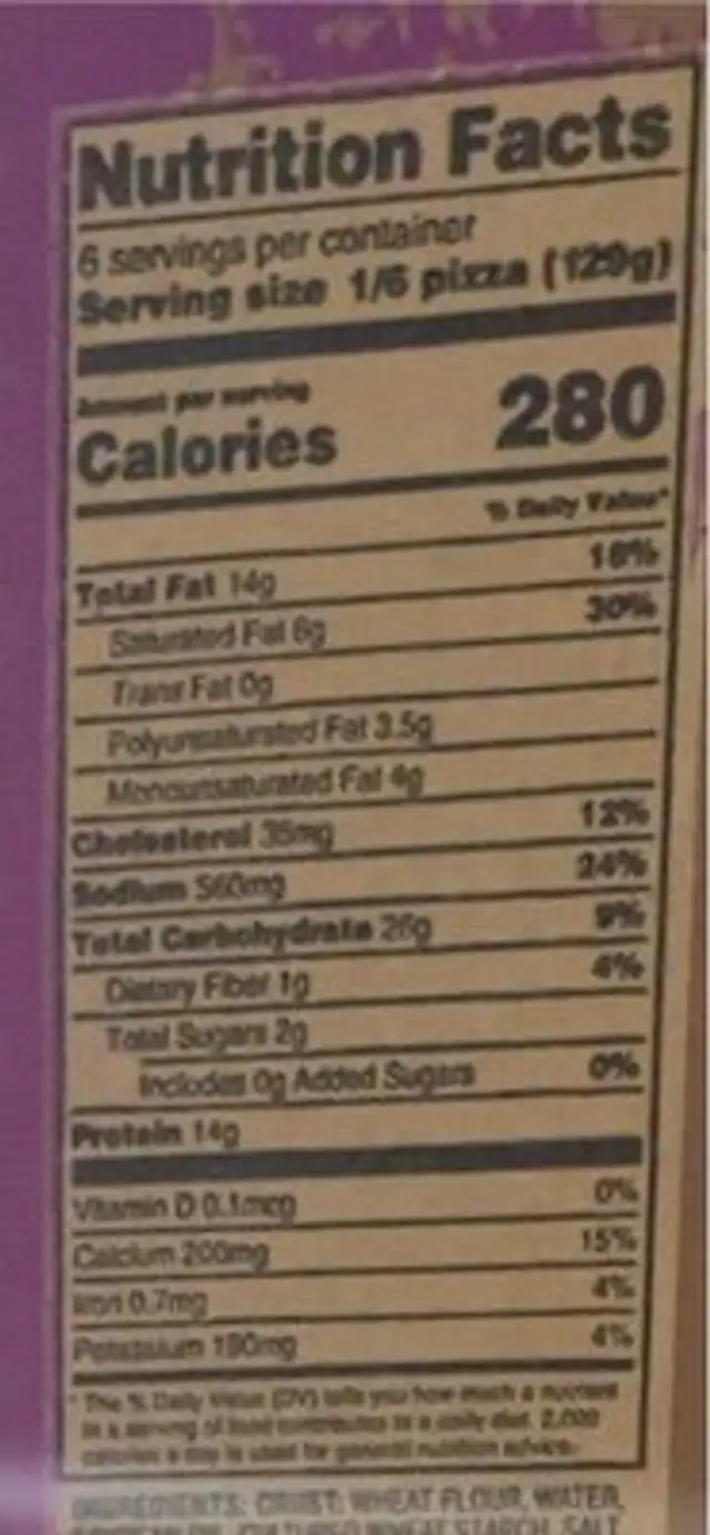 Chicken, uncured bacon, bacon and ranch sauce pizza nutrition facts table