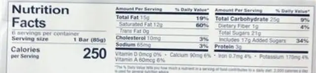 Artic Bar nutrition facts table