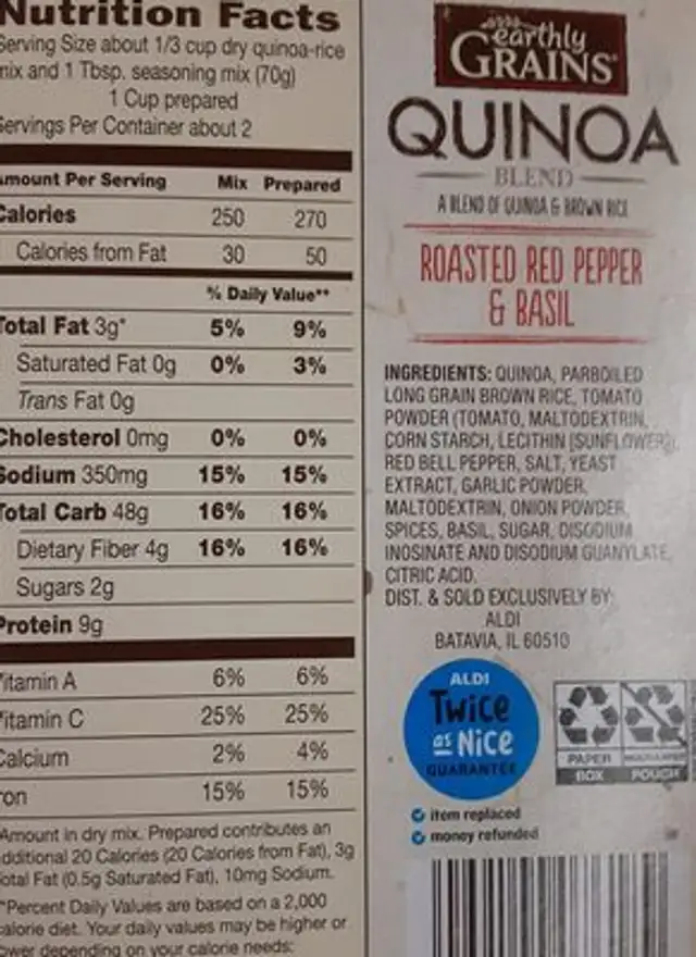 Red Pepper & Basil Quinoa ingredients label