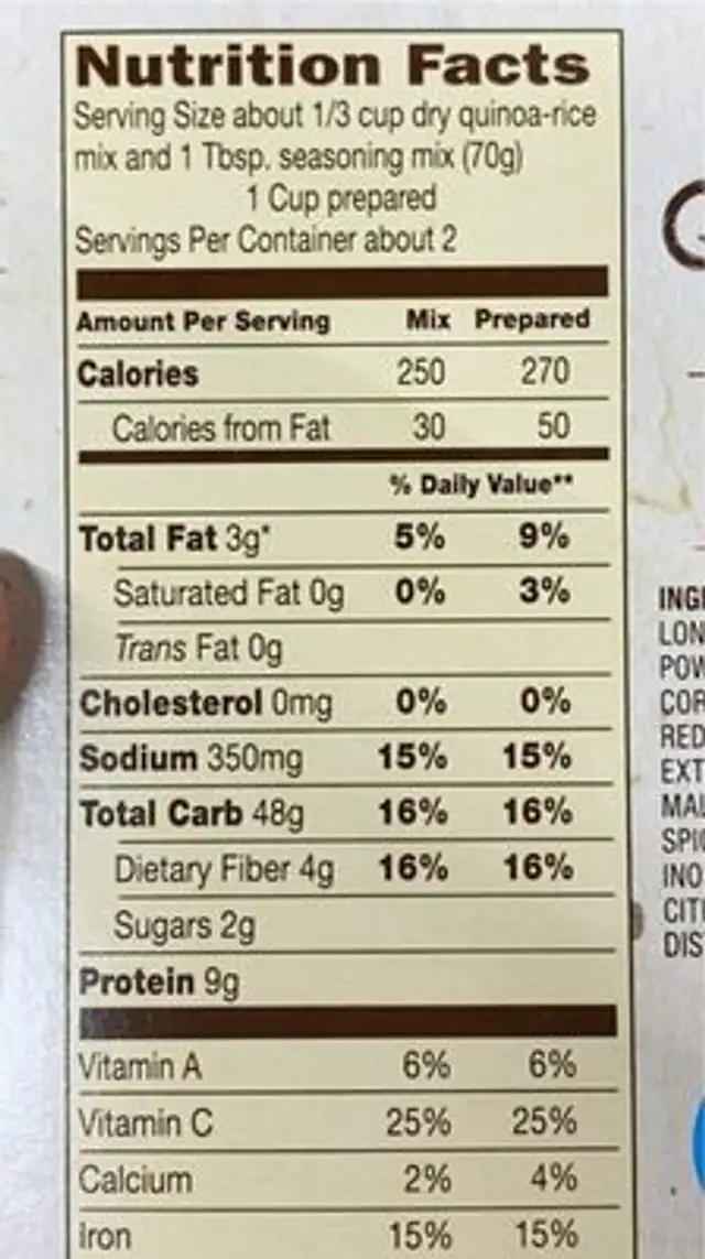 Red Pepper & Basil Quinoa nutrition facts table