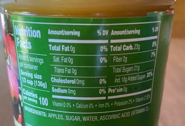 Applesauce nutrition facts table