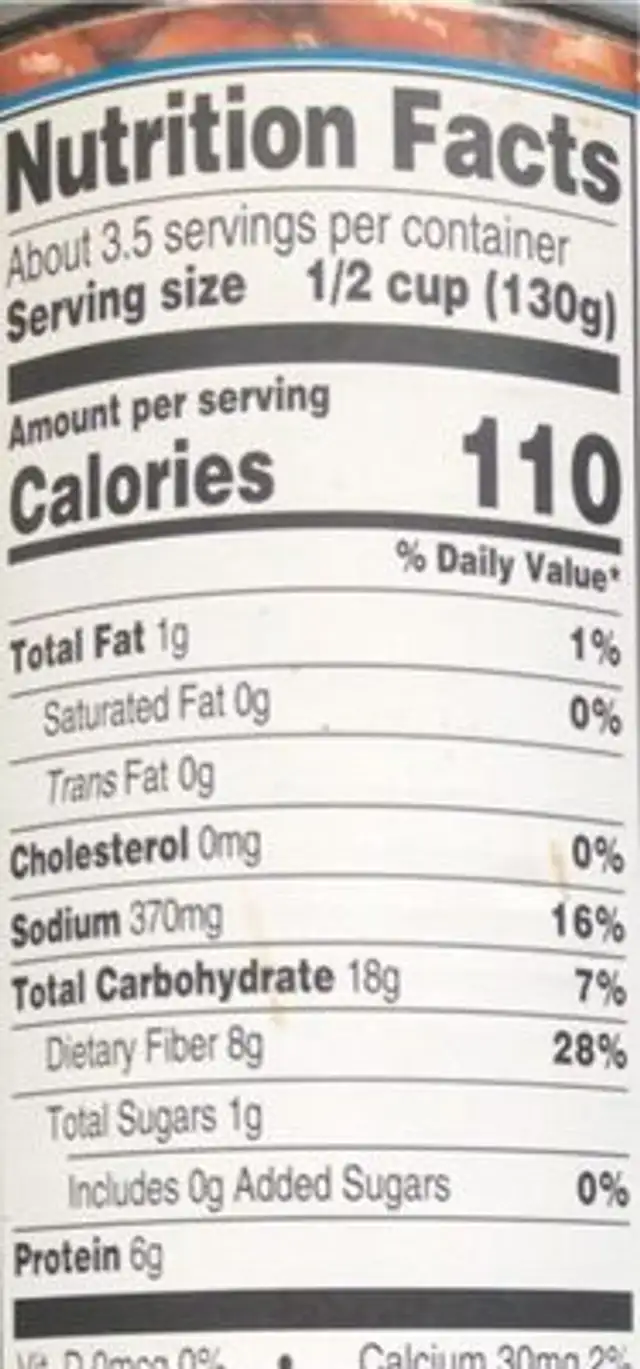 Chilli beans mild nutrition facts table