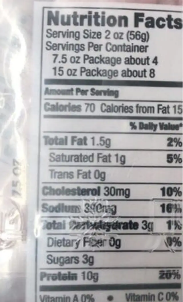 Smoked Honey Uncured Ham nutrition facts table