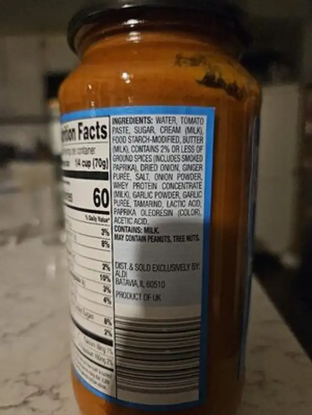 Butter chicken curry sauce ingredients label