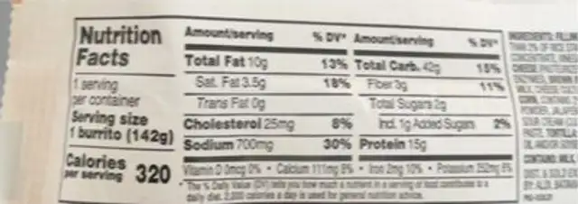 Steak and cheddar burrito nutrition facts table