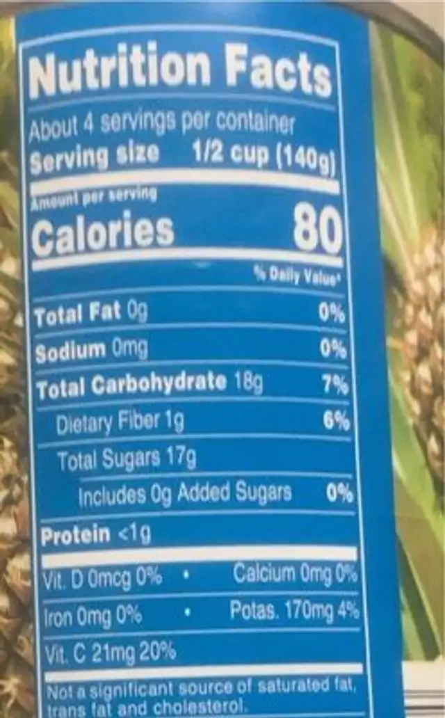 Pineapple Chunks nutrition facts table