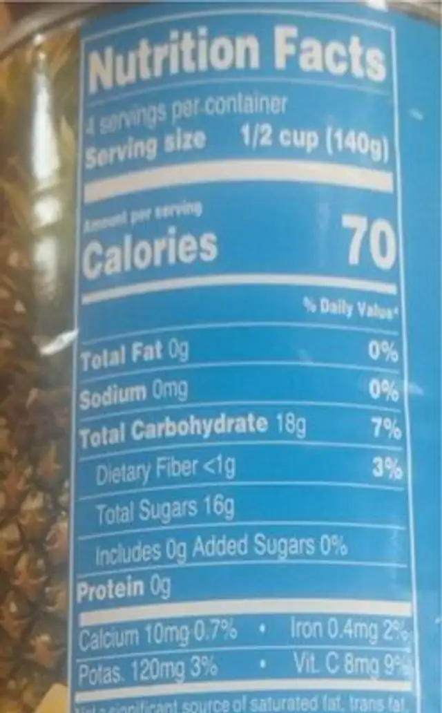 Pineapple chunks nutrition facts table