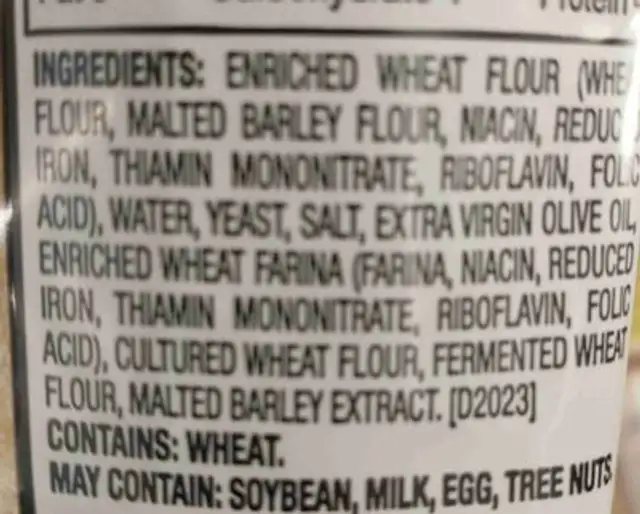 French baguette take & bake ingredients label