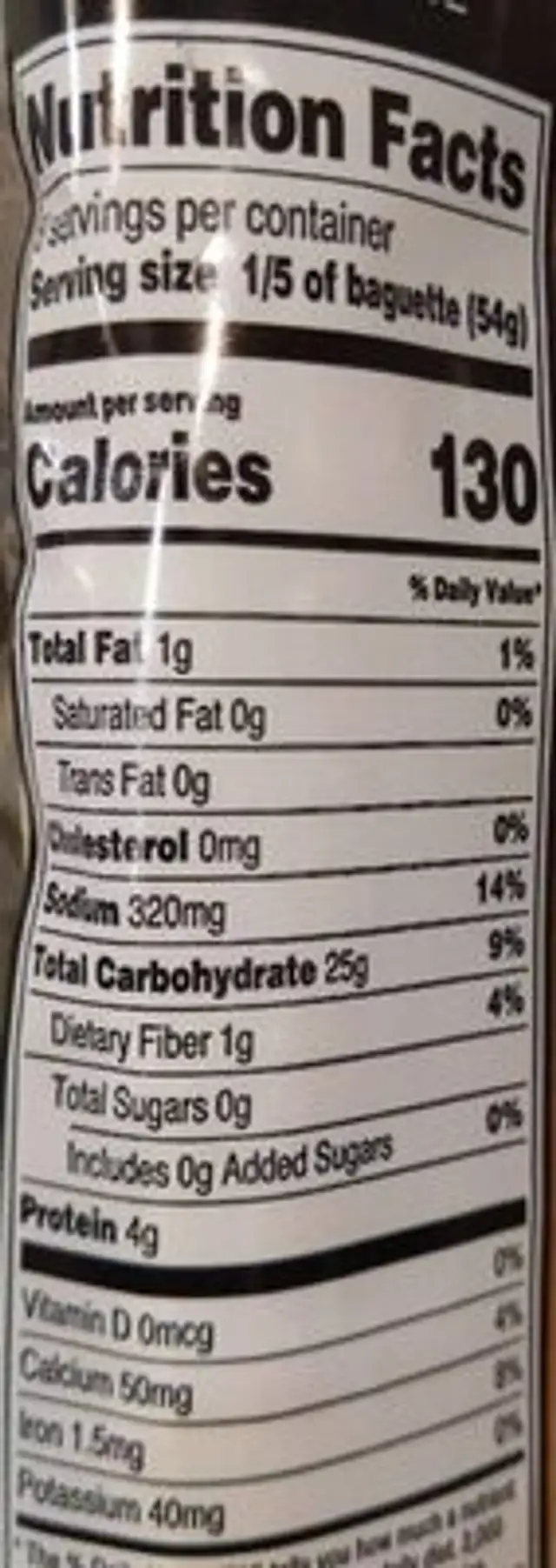 French baguette take & bake nutrition facts table