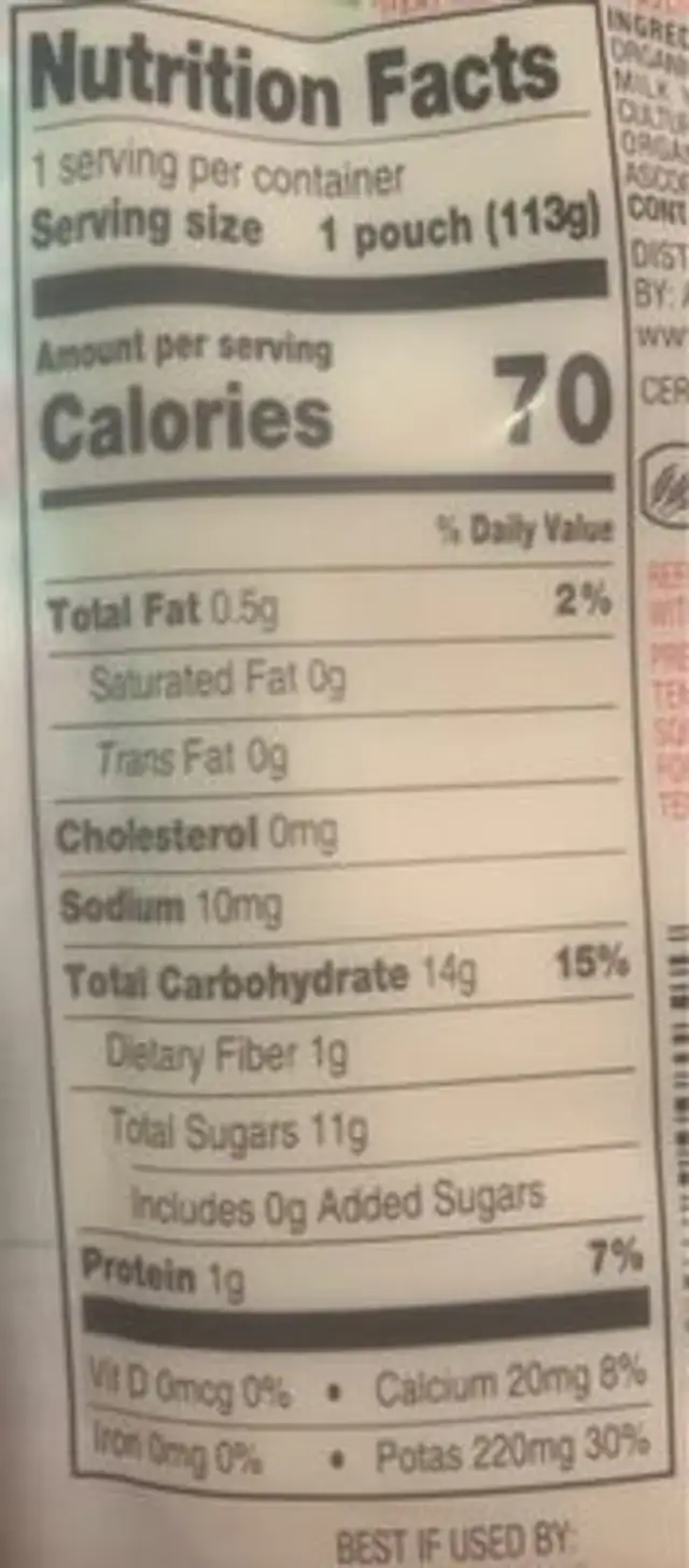 Baby Food nutrition facts table