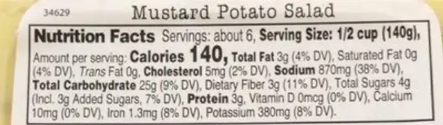 Mustard Potato Salad nutrition facts table