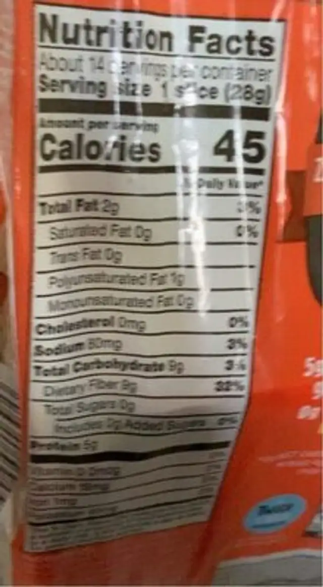Zero Net Carbs Multiseed Bread nutrition facts table