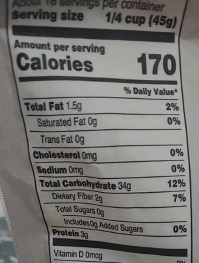 Brown Rice nutrition facts table