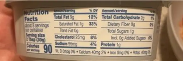 Cream Cheese Spread nutrition facts table