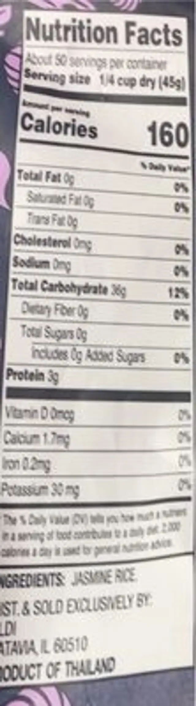 Jasmine rice nutrition facts table