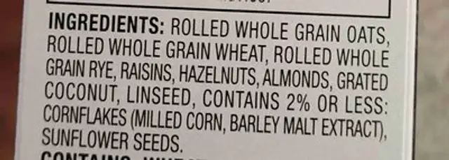 Premium Raisin & Nut Muesli ingredients label
