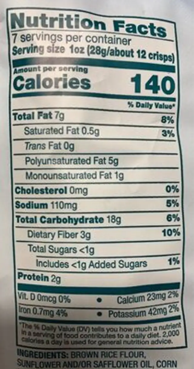 Brown rice crips gluten free nutrition facts table