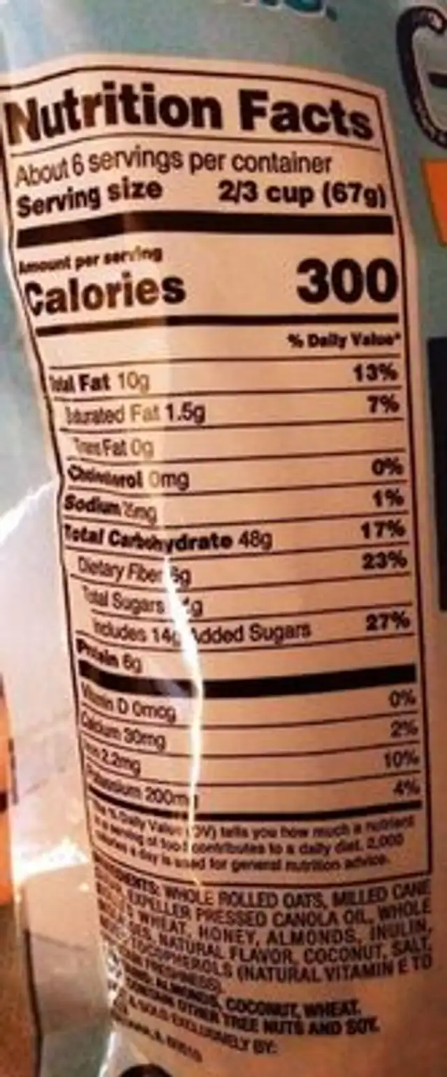 Oats, honey & almonds whole grain granola, oats, honey & almonds nutrition facts table