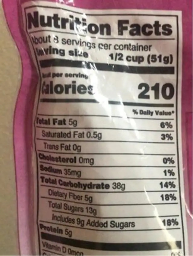 Whole grain granola nutrition facts table