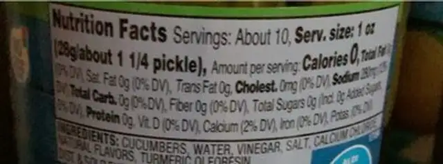 Baby Kosher Dill Whole Pickels nutrition facts table