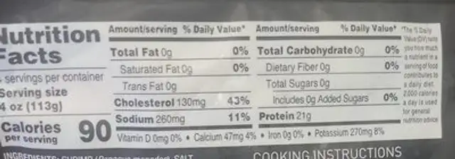 Black tiger shrimp nutrition facts table