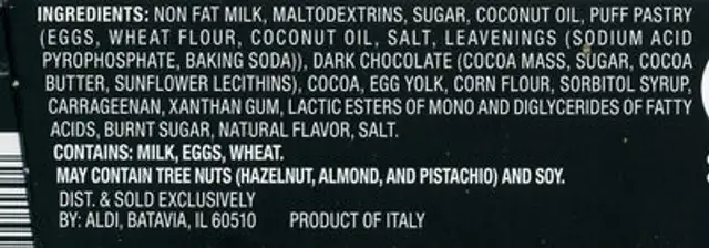 Profiteroles ingredients label