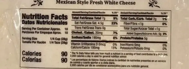Pueblo lindo nutrition facts table