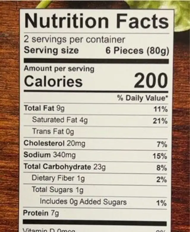 Spinach and cheese nutrition facts table