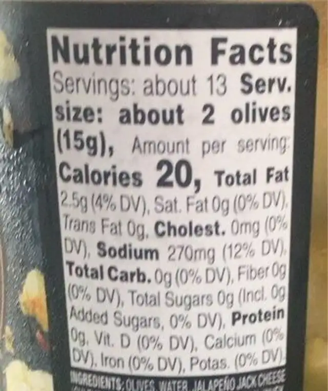 Jalapeño Jack Cheese Stuffed Olives nutrition facts table