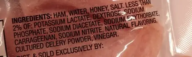 Honey ham with natural juices ingredients label