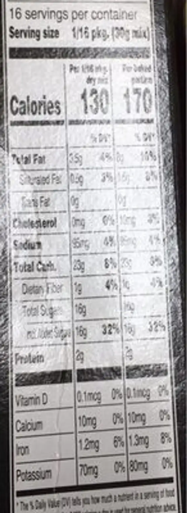 Walnut Prenium Brownie Mix nutrition facts table