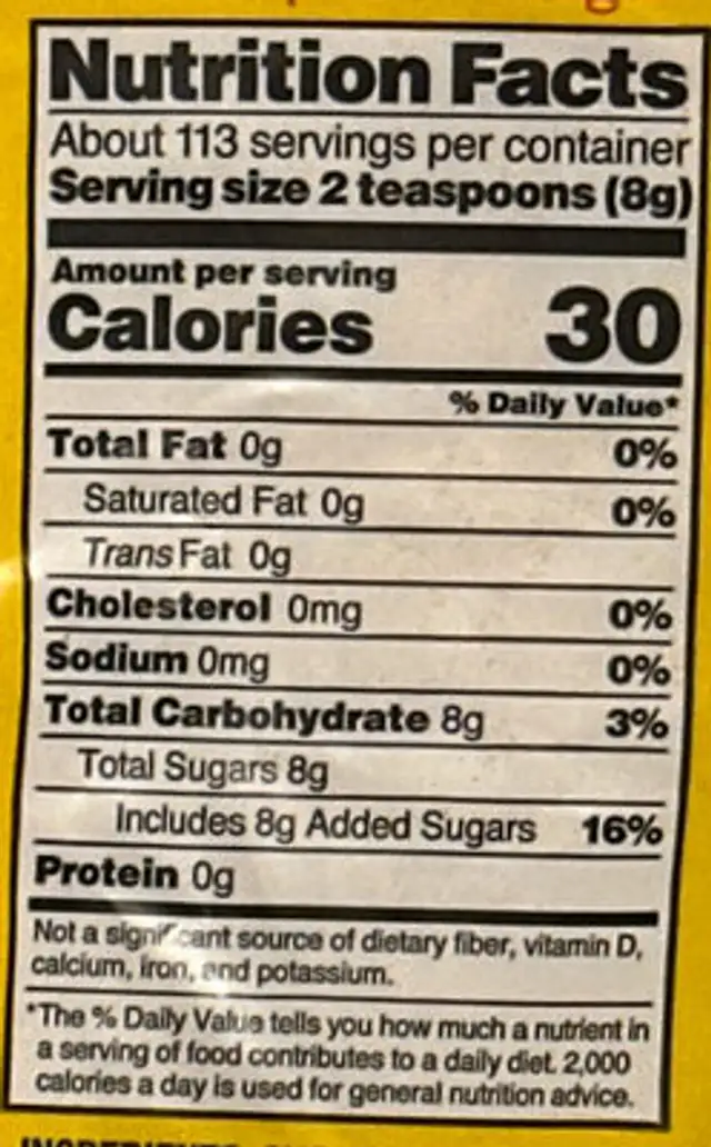 Light Brown Sugar nutrition facts table