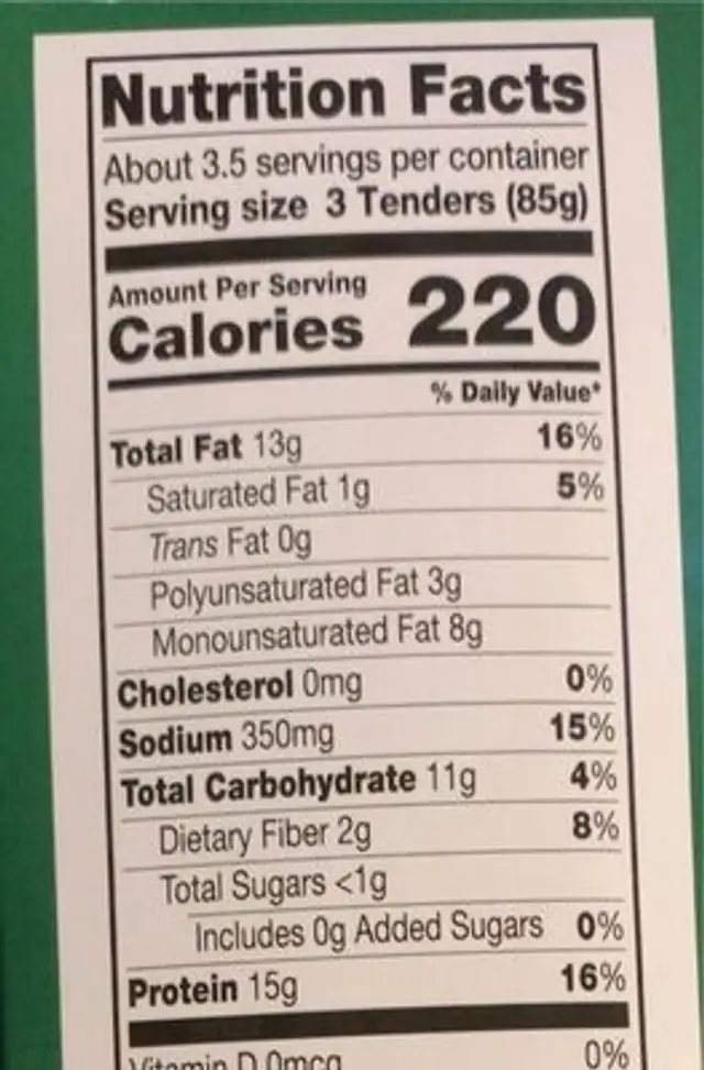 Meat Free Chickenless tenders nutrition facts table