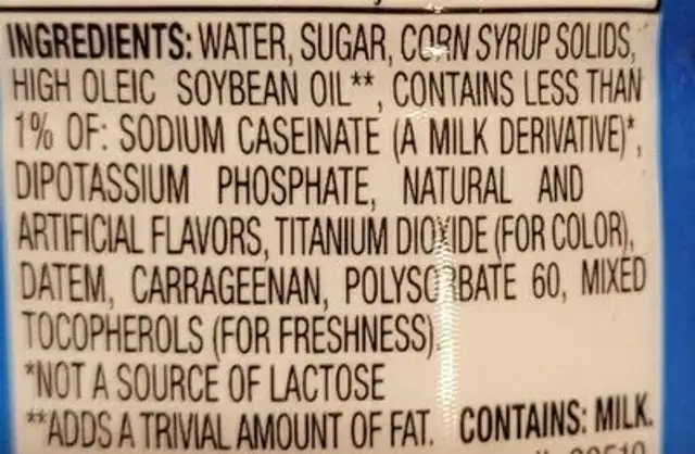 Friendly Farms French Vanilla Creamer ingredients label