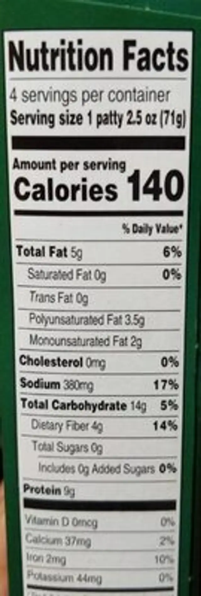 Chikenless patties nutrition facts table