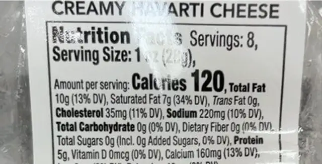 Creamy Havarti Cheese nutrition facts table