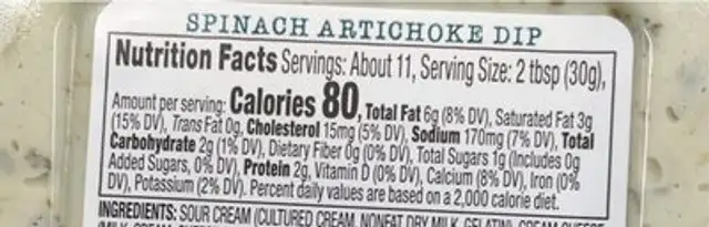 Spinach artichoke nutrition facts table