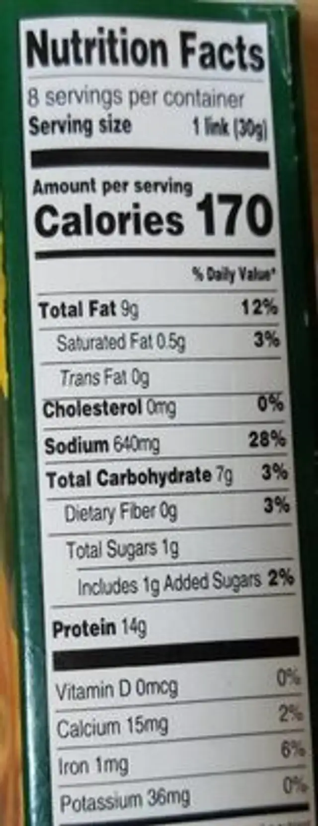 Veggie breakfast links nutrition facts table