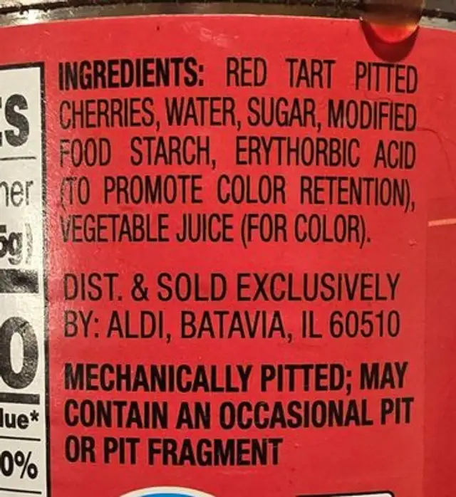 Cherry Pie Filling ingredients label