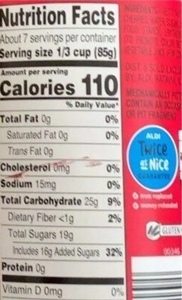 Cherry Pie Filling nutrition facts table