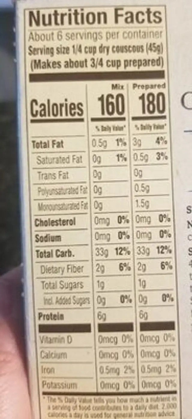 Couscous Mix nutrition facts table