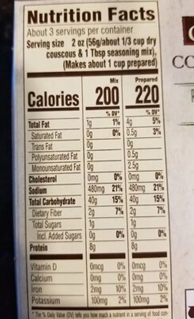Couscous Roasted Garlic & Olive Oil nutrition facts table