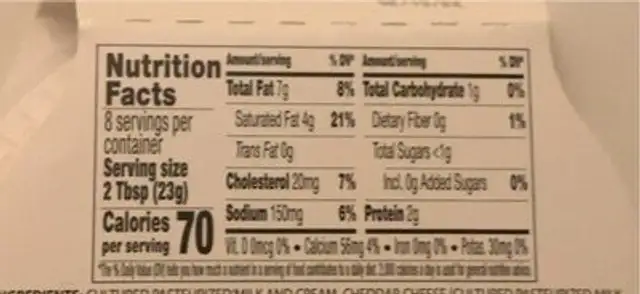 Spreadable cheese nutrition facts table