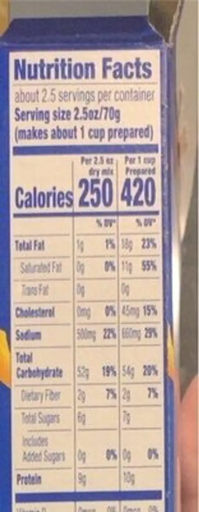 Macaroni and cheese nutrition facts table