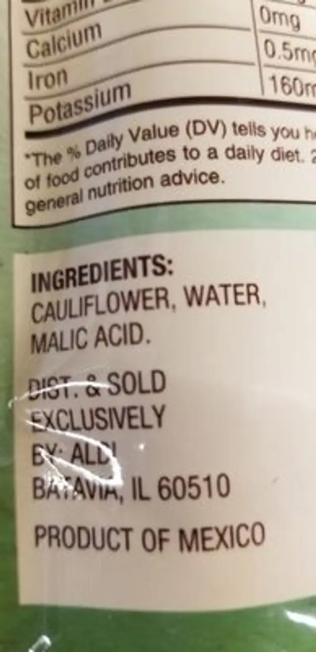 Rice Vegetable Cauliflower ingredients label