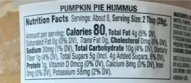 Pumpkin Pie Dessert Hummus nutrition facts table
