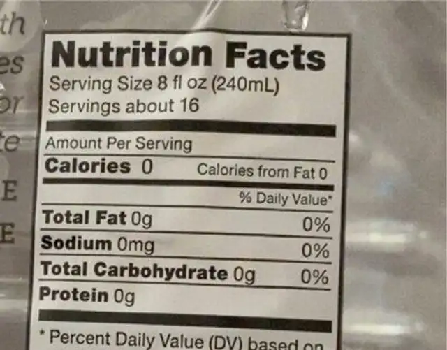 PH 9.5+ alkaline water nutrition facts table
